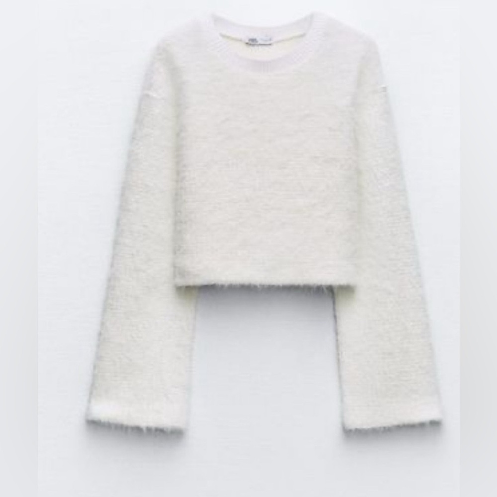 Zara Soft Cropped Bell Sleeve Fuzzy White Crew Neck Sweater